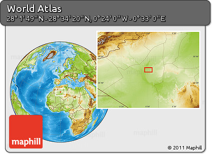 Physical Location Map of the Area around 28° 18' 5" N, 0° 4' 30" E