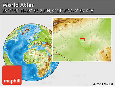 Physical Location Map of the Area around 28° 18' 5" N, 0° 4' 30" E
