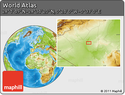 Physical Location Map of the Area around 28° 18' 5" N, 0° 4' 30" E