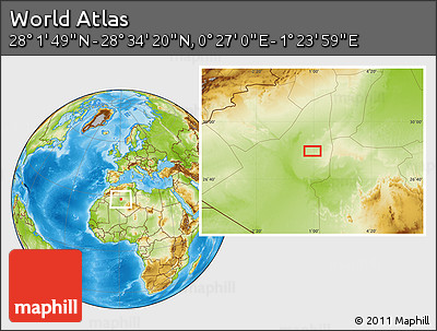 Physical Location Map of the Area around 28° 18' 5" N, 0° 55' 29" E