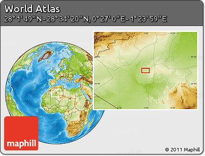 Physical Location Map of the Area around 28° 18' 5" N, 0° 55' 29" E