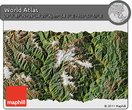 Satellite 3D Map of the Area around 28° 18' 5" N, 100° 22' 30" E