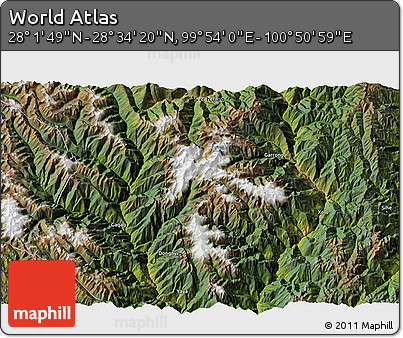 Satellite 3D Map of the Area around 28° 18' 5" N, 100° 22' 30" E