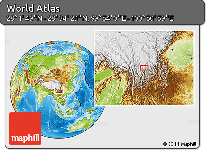 Physical Location Map of the Area around 28° 18' 5" N, 100° 22' 30" E