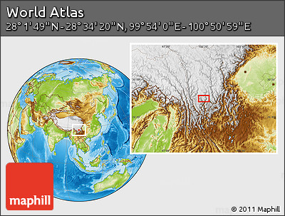 Physical Location Map of the Area around 28° 18' 5" N, 100° 22' 30" E