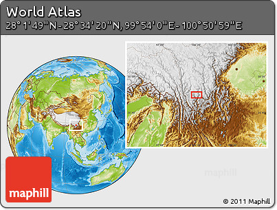 Physical Location Map of the Area around 28° 18' 5" N, 100° 22' 30" E