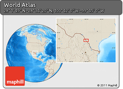 Shaded Relief Location Map of the Area around 28° 18' 5" N, 100° 13' 29" W
