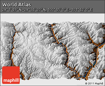 Physical 3D Map of the Area around 28° 18' 5" N, 101° 13' 29" E