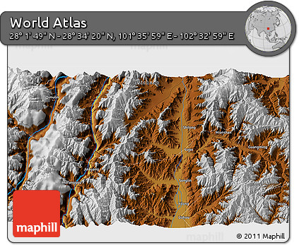 Physical 3D Map of the Area around 28° 18' 5" N, 102° 4' 29" E