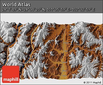 Physical 3D Map of the Area around 28° 18' 5" N, 102° 4' 29" E
