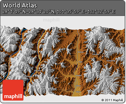 Physical 3D Map of the Area around 28° 18' 5" N, 102° 4' 29" E