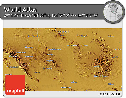 Physical 3D Map of the Area around 28° 18' 5" N, 104° 28' 29" W