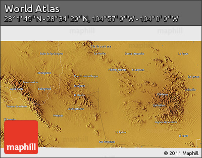 Physical 3D Map of the Area around 28° 18' 5" N, 104° 28' 29" W
