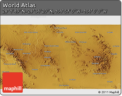 Physical 3D Map of the Area around 28° 18' 5" N, 104° 28' 29" W
