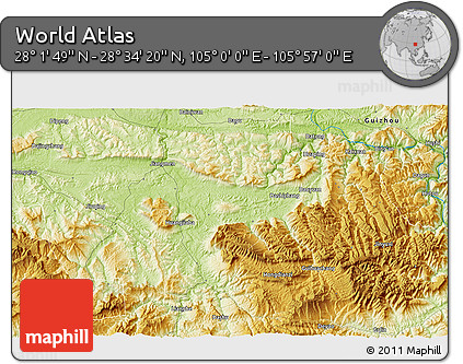 Physical 3D Map of the Area around 28° 18' 5" N, 105° 28' 29" E