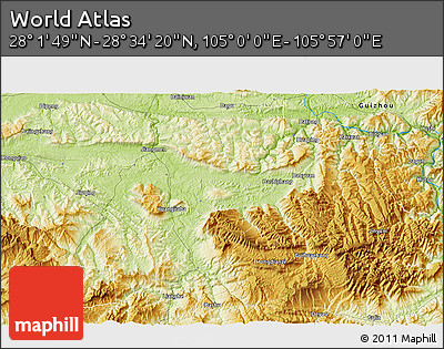 Physical 3D Map of the Area around 28° 18' 5" N, 105° 28' 29" E