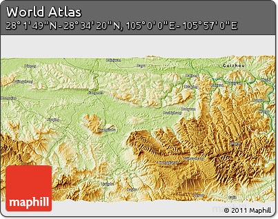 Physical 3D Map of the Area around 28° 18' 5" N, 105° 28' 29" E