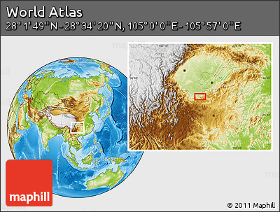 Physical Location Map of the Area around 28° 18' 5" N, 105° 28' 29" E