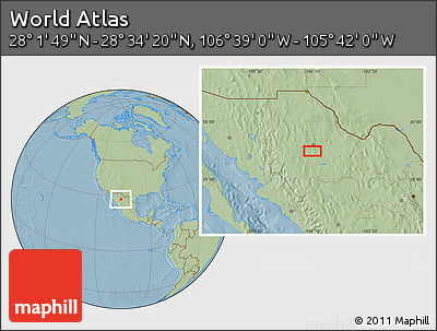 Savanna Style Location Map of the Area around 28° 18' 5" N, 106° 10' 30" W, hill shading