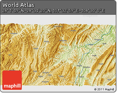 Physical 3D Map of the Area around 28° 18' 5" N, 108° 1' 30" E
