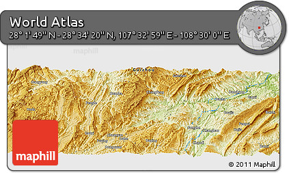 Physical Panoramic Map of the Area around 28° 18' 5" N, 108° 1' 30" E