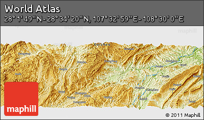 Physical Panoramic Map of the Area around 28° 18' 5" N, 108° 1' 30" E