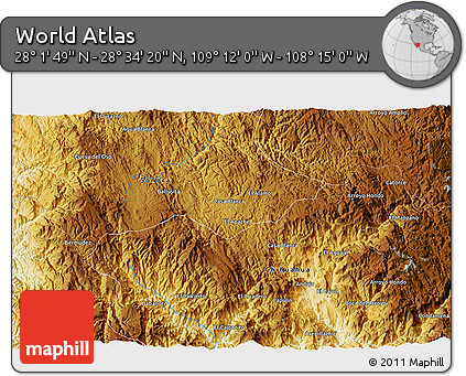 Physical 3D Map of the Area around 28° 18' 5" N, 108° 43' 29" W