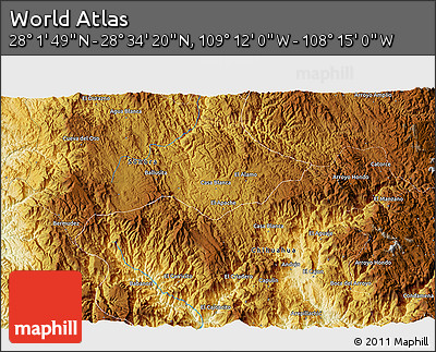 Physical 3D Map of the Area around 28° 18' 5" N, 108° 43' 29" W