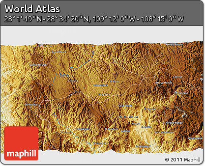 Physical 3D Map of the Area around 28° 18' 5" N, 108° 43' 29" W