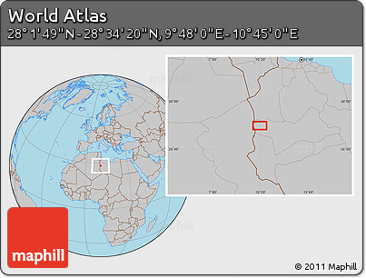 Gray Location Map of the Area around 28° 18' 5" N, 10° 16' 30" E