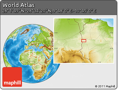 Physical Location Map of the Area around 28° 18' 5" N, 10° 16' 30" E
