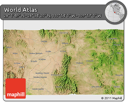 Satellite 3D Map of the Area around 28° 18' 5" N, 110° 25' 30" W