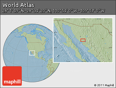 Savanna Style Location Map of the Area around 28° 18' 5" N, 110° 25' 30" W, hill shading