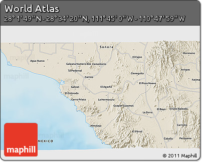 Shaded Relief 3D Map of the Area around 28° 18' 5" N, 111° 16' 30" W