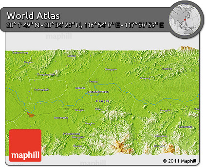 Physical 3D Map of the Area around 28° 18' 5" N, 117° 22' 30" E