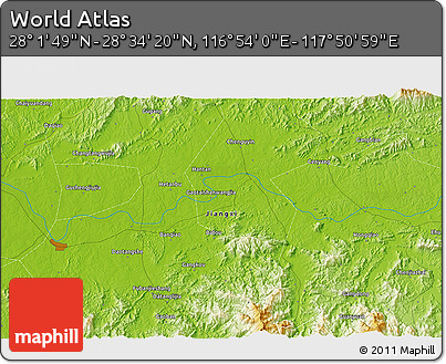 Physical 3D Map of the Area around 28° 18' 5" N, 117° 22' 30" E