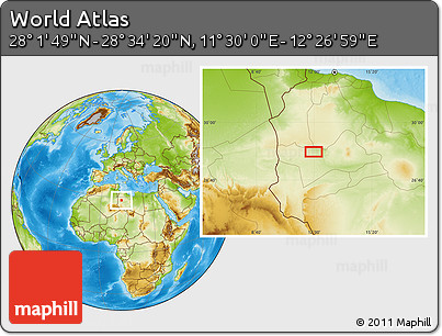 Physical Location Map of the Area around 28° 18' 5" N, 11° 58' 29" E