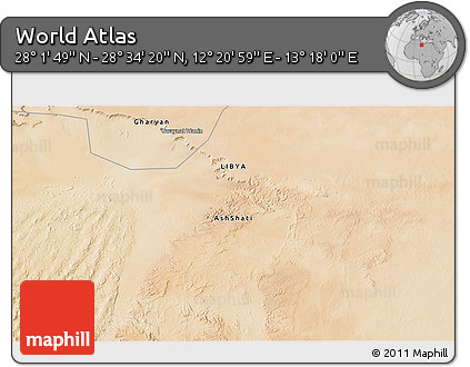 Satellite 3D Map of the Area around 28° 18' 5" N, 12° 49' 29" E