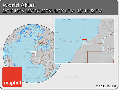 Gray Location Map of the Area around 28° 18' 5" N, 12° 40' 30" W