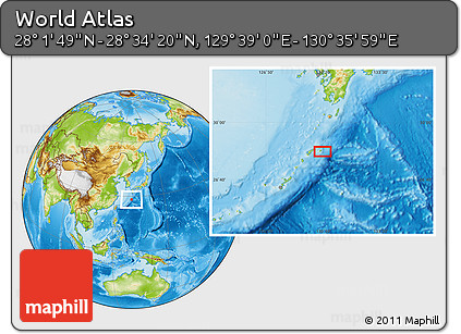 Physical Location Map of the Area around 28° 18' 5" N, 130° 7' 30" E