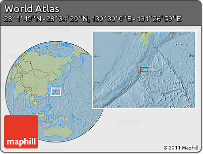 Savanna Style Location Map of the Area around 28° 18' 5" N, 130° 58' 29" E, hill shading