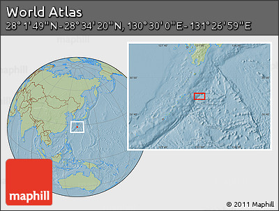 Savanna Style Location Map of the Area around 28° 18' 5" N, 130° 58' 29" E, hill shading