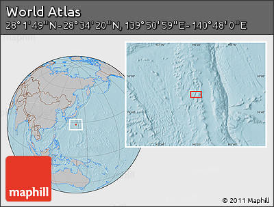 Gray Location Map of the Area around 28° 18' 5" N, 140° 19' 29" E, hill shading