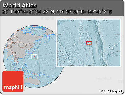 Gray Location Map of the Area around 28° 18' 5" N, 140° 19' 29" E, hill shading
