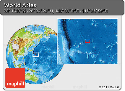 Physical Location Map of the Area around 28° 18' 5" N, 147° 7' 30" E