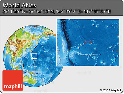 Physical Location Map of the Area around 28° 18' 5" N, 147° 7' 30" E