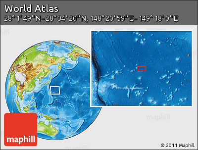 Physical Location Map of the Area around 28° 18' 5" N, 148° 49' 29" E