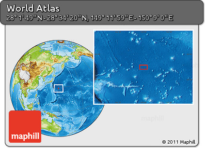 Physical Location Map of the Area around 28° 18' 5" N, 149° 40' 30" E