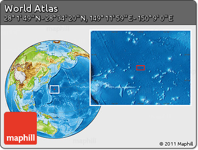 Physical Location Map of the Area around 28° 18' 5" N, 149° 40' 30" E