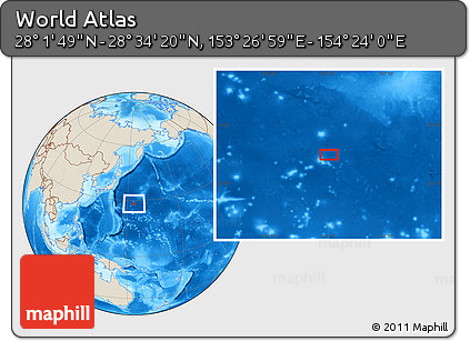 Shaded Relief Location Map of the Area around 28° 18' 5" N, 153° 55' 30" E